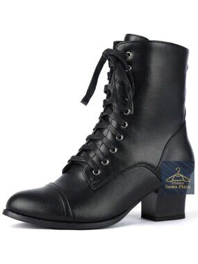 Victorian Lace Up Ankle Boots Block Heel Side Zip Faux Leather Women Gothic